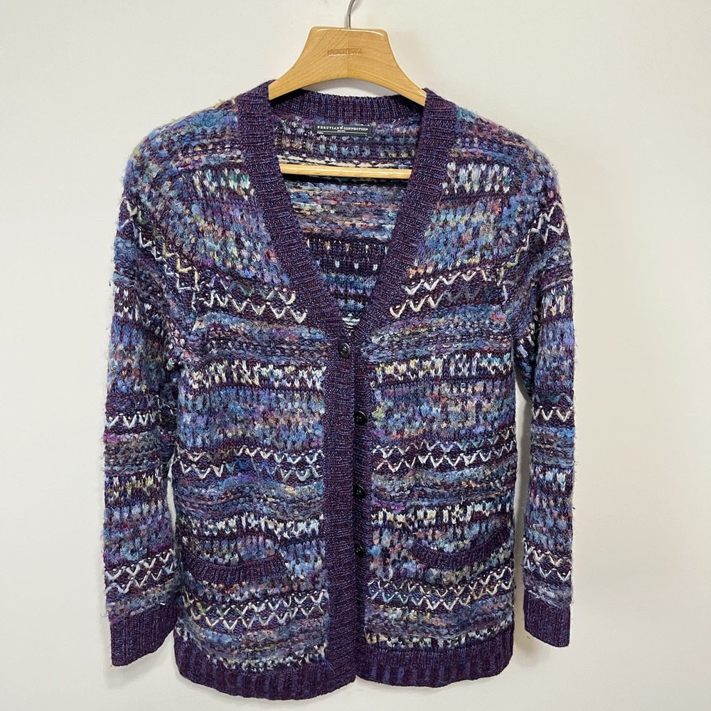 Peruvian Connection Cardigan Sweater Womens L Southwestern Boho Knit Soft Stripe